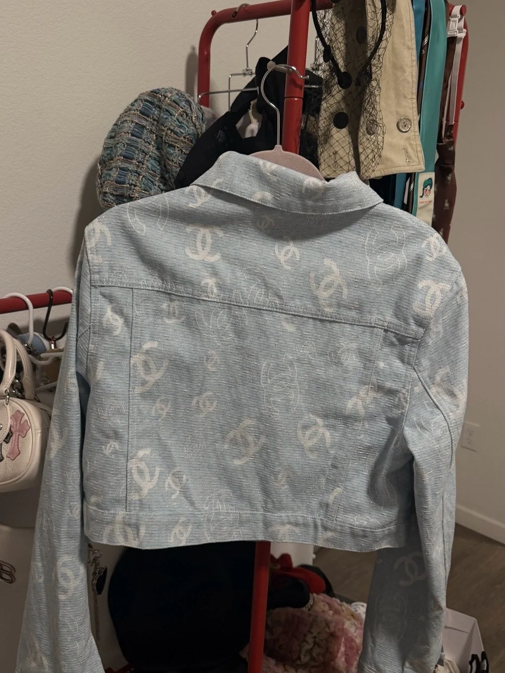 Vintage-Inspired Blue Monogram Cropped Denim Jacket